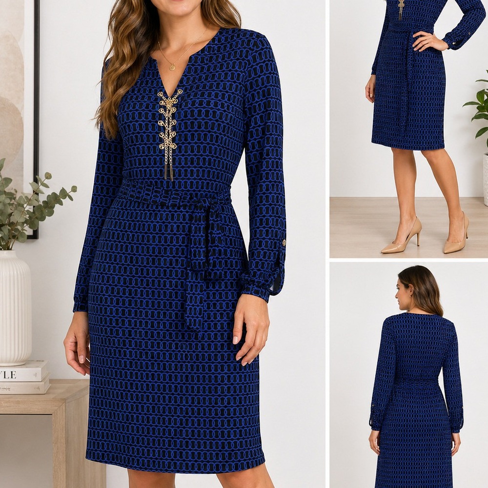Spense Dress 8 Blue Black Geometric Link Chain Lace Up V-Neck Belted Sheath